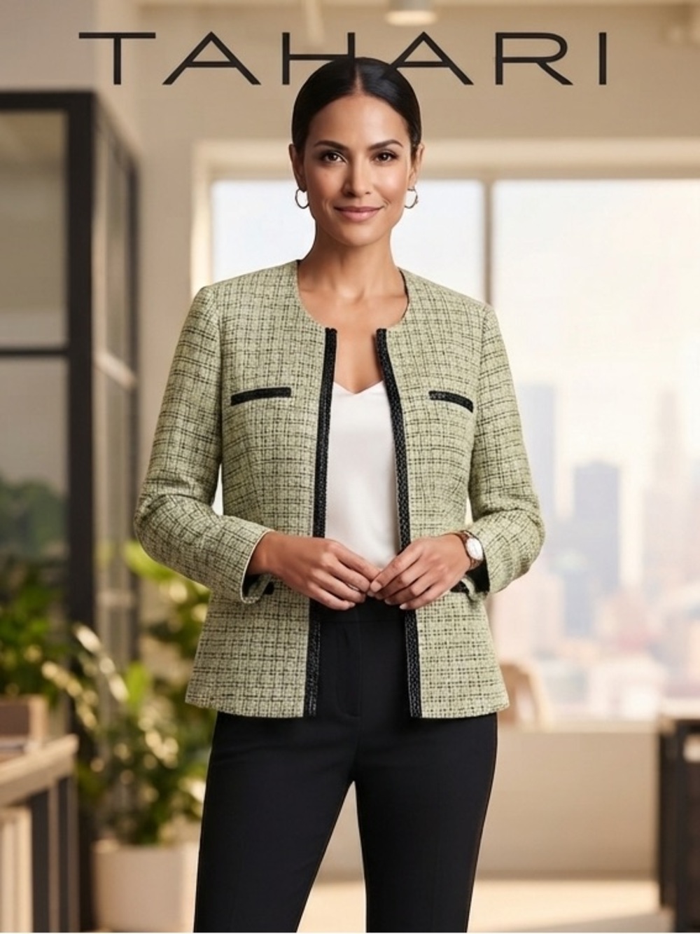 Tahari Light Green Tweed Jacket with Black Trim